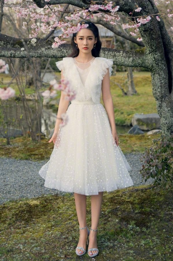 桃花树下的美女李沁 身穿白裙气质清新脱俗（第1张/共4张）